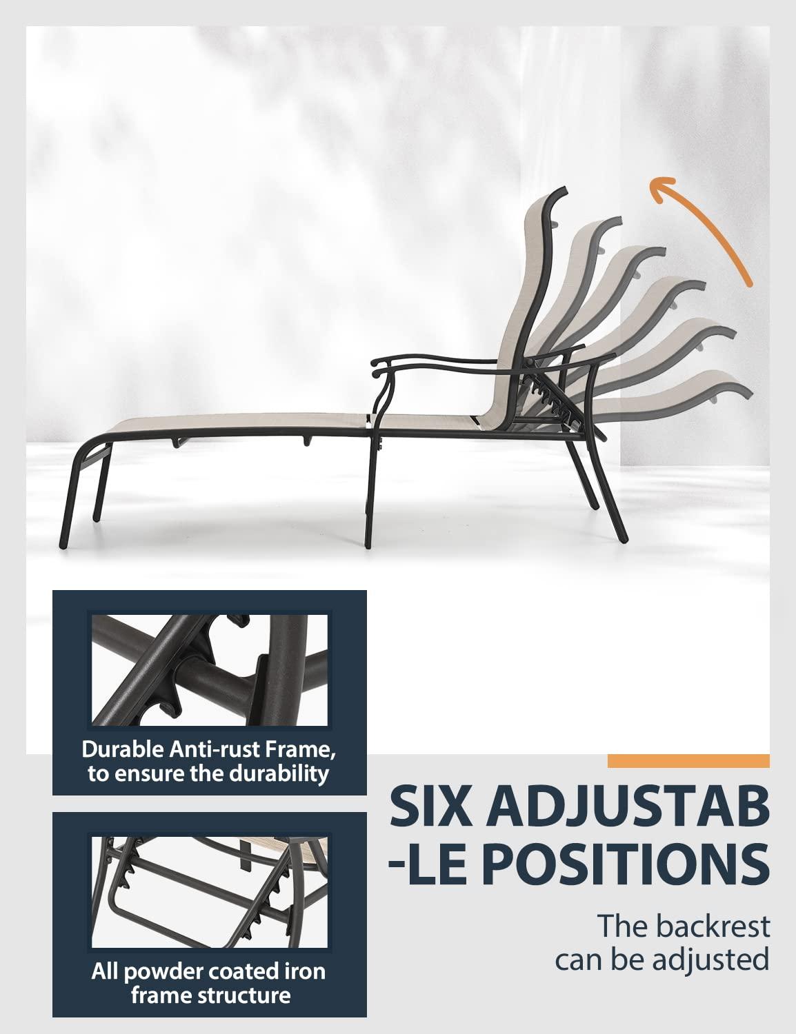 HAPPATIO Patio Chaise Lounge Set 3 Pieces,Patio Lounge Chair with Glass Coffee Table,Pool Lounge Chair with Breathable Textilene Fabric,Patio Chaise Lounge for Patio Backyard Poolside(Gray)