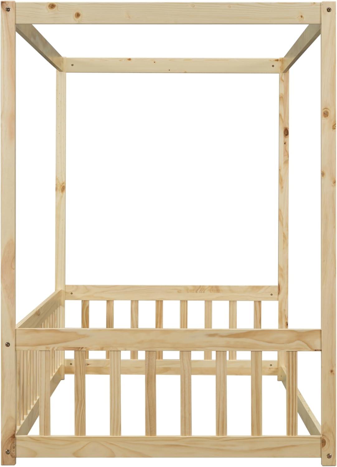 Canopy Frame Twin Size Floor Bed for Kids Bedroom,Wood Bed Frame with Fence for Boys/Girls/Teens,No Box Spring Needed,Natural