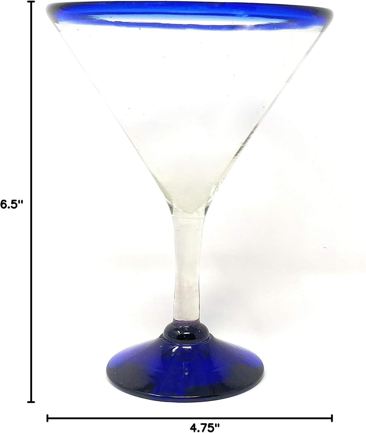 Mexican Hand Blown Glass – Set of 4 Hand Blown Modern Margarita Glasses - Blue Rim (12 oz)