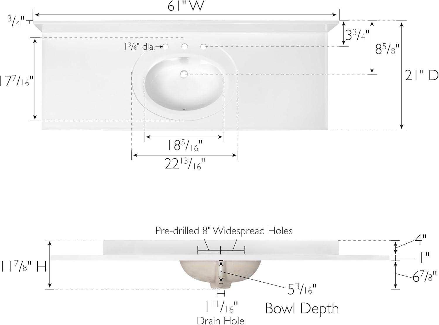 61 Inch Cultured Marble Vanity Top with Backsplash, Improved Package, White