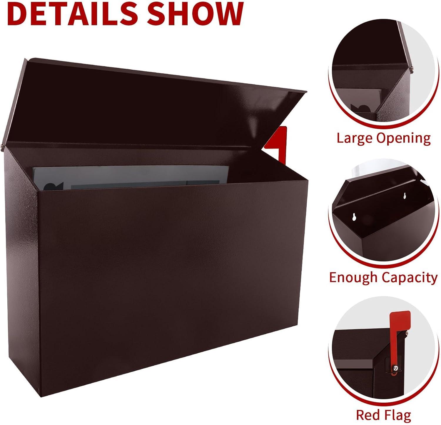 Wall-Mount Mailbox with Flag Metal Mail Box for Outside Large Capacity Rust-Proof Post Box for House Use, 14.2” x 4” x 9.5”, Black
