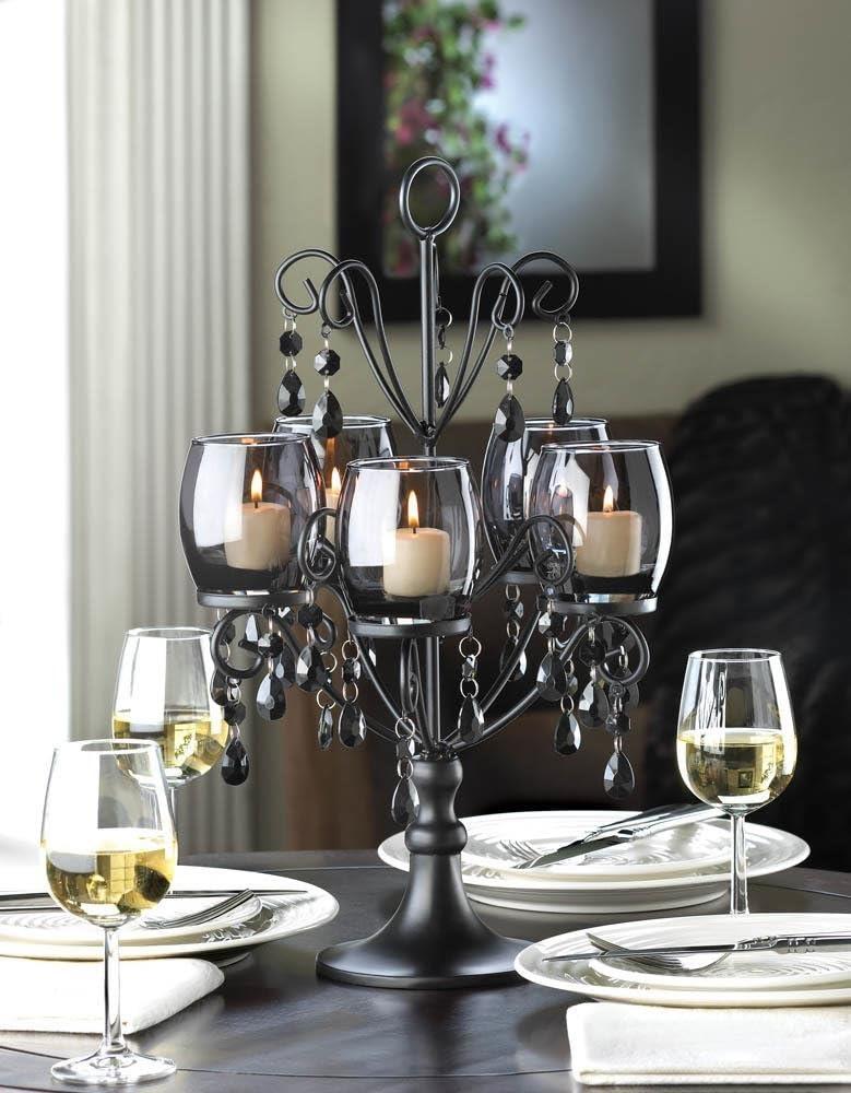 Midnight Elegance 11" Glass & Iron Candelabra Centerpiece