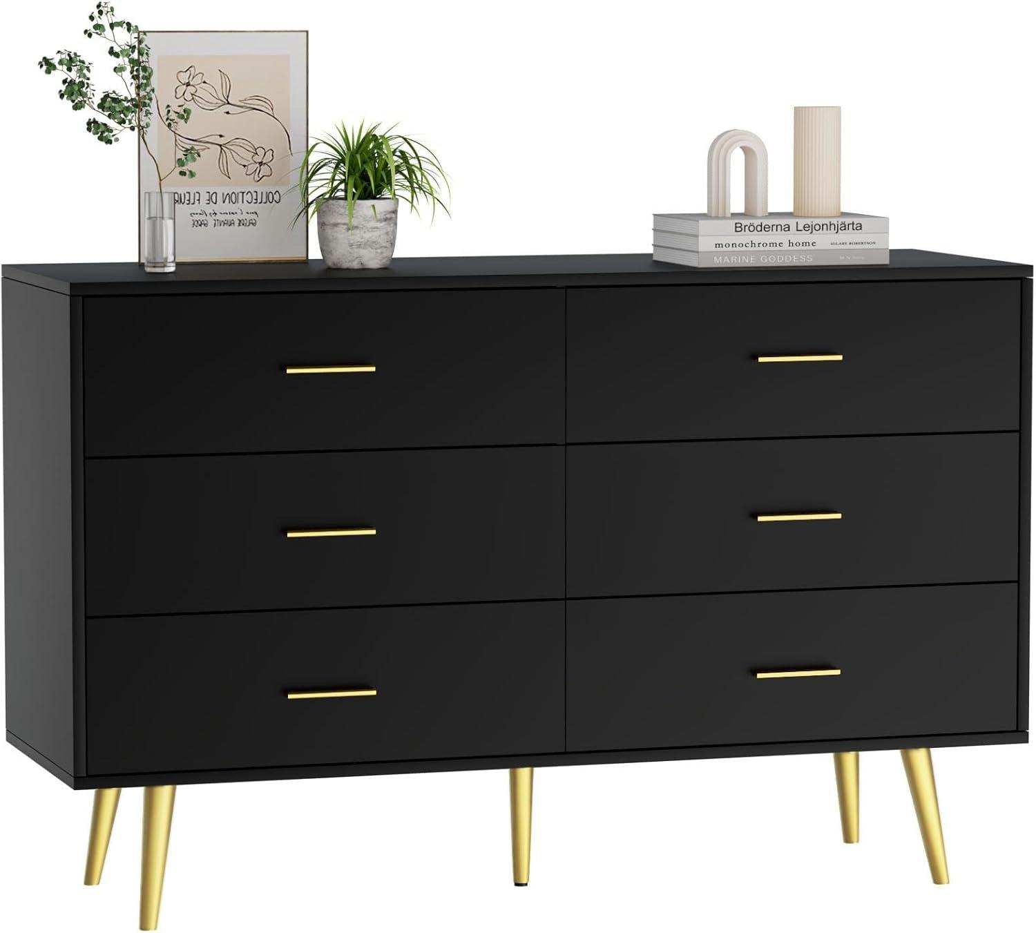 Danolapsi 6 Drawer Dresser,6-Drawer Chest of Drawers for Bedroom,Wooden Dresser with Gold Handles,Chest Dresser with Deep Drawers Modern Storage Drawers for Bedroom,Living Room and Entryway