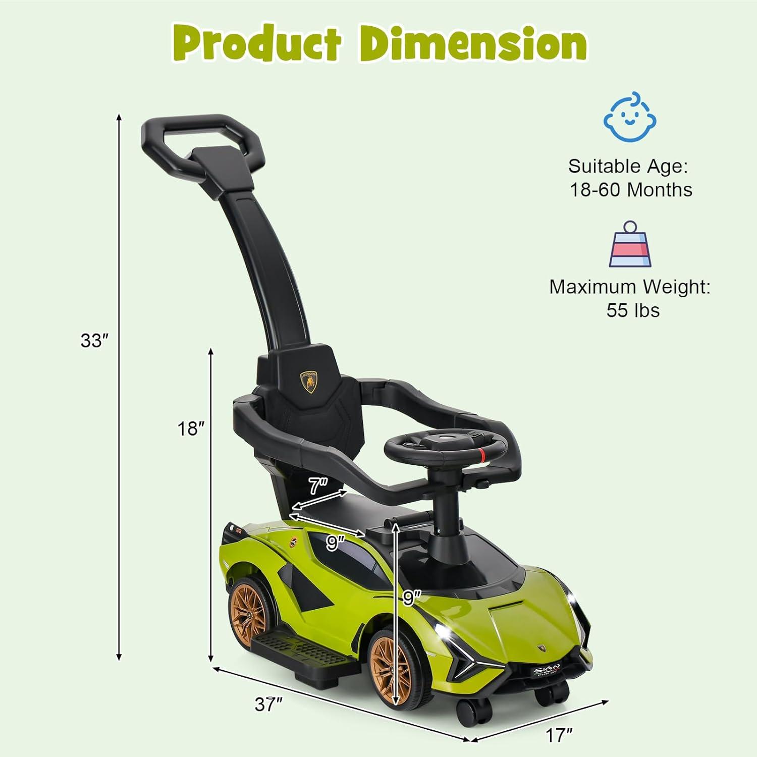 Green Lamborghini 3-in-1 Push Car Stroller with Storage