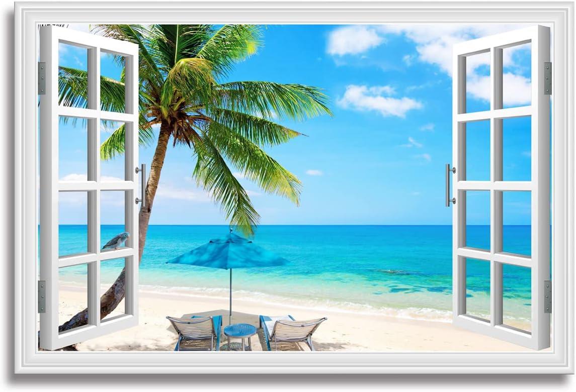 Tropical Beach Window Frame Canvas Print 36" x 24"