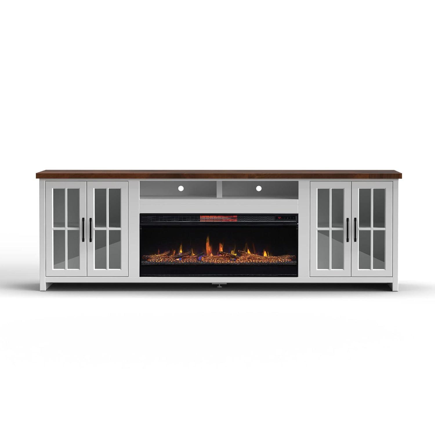 Hampton 97" White Wood Fireplace TV Stand with Cabinets