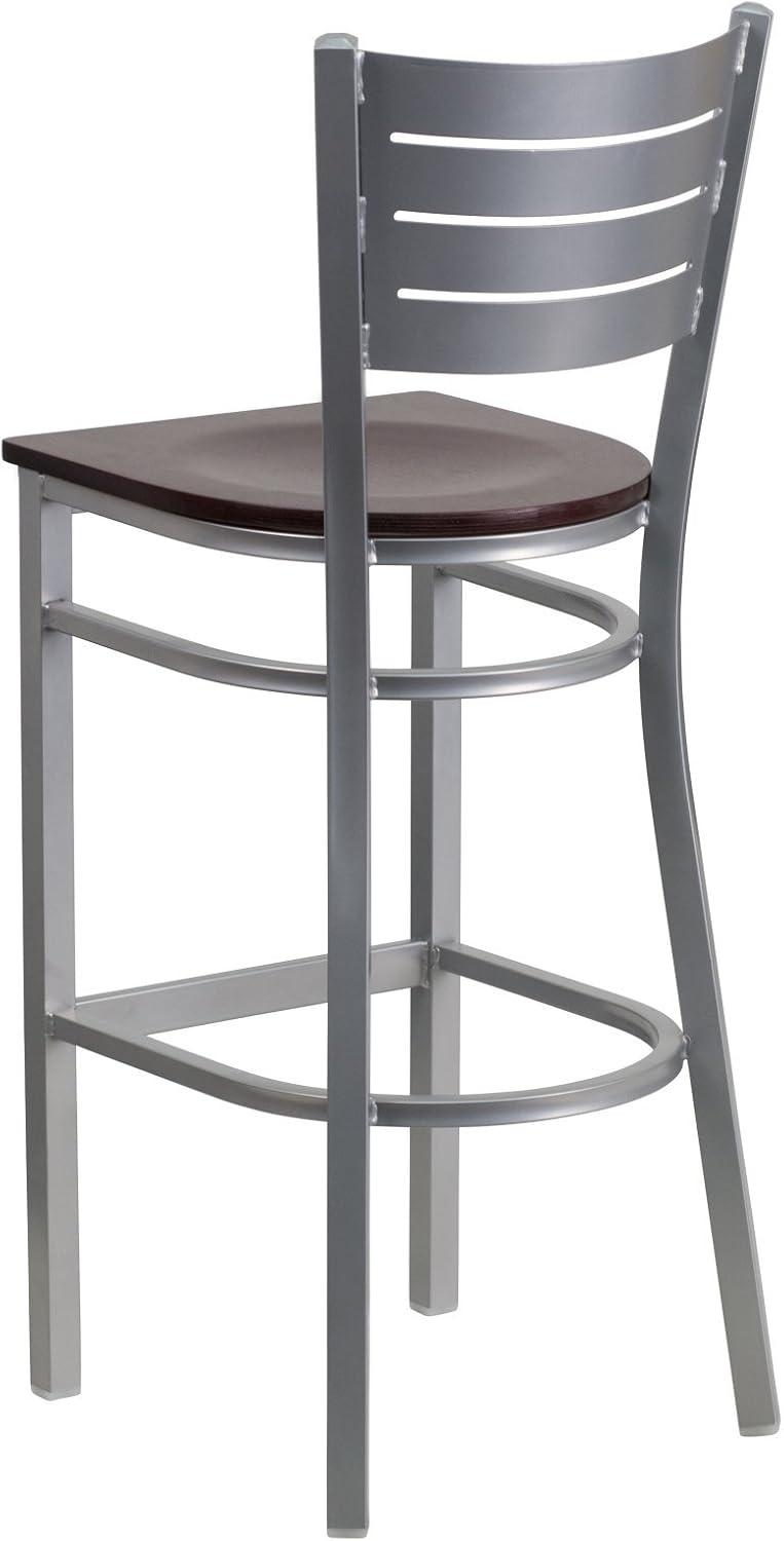 Sleek Silver Metal and Mahogany Wood Slat Back Barstool