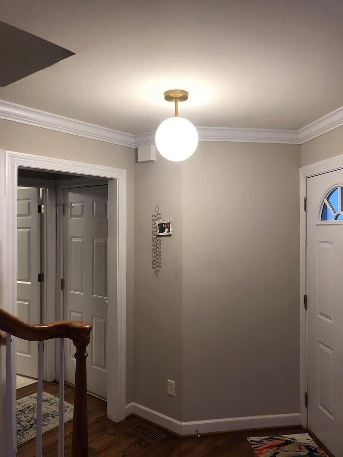 Mid Century Modern Globe Semi Flush Mount Ceiling Light Fixture Frosted Glass with Gold Brass Finish,1-Light Sphere Glass Pendant Lights for Aisle Porch Stairway Closet Kitchen Laundry Room(Bulb Incl)