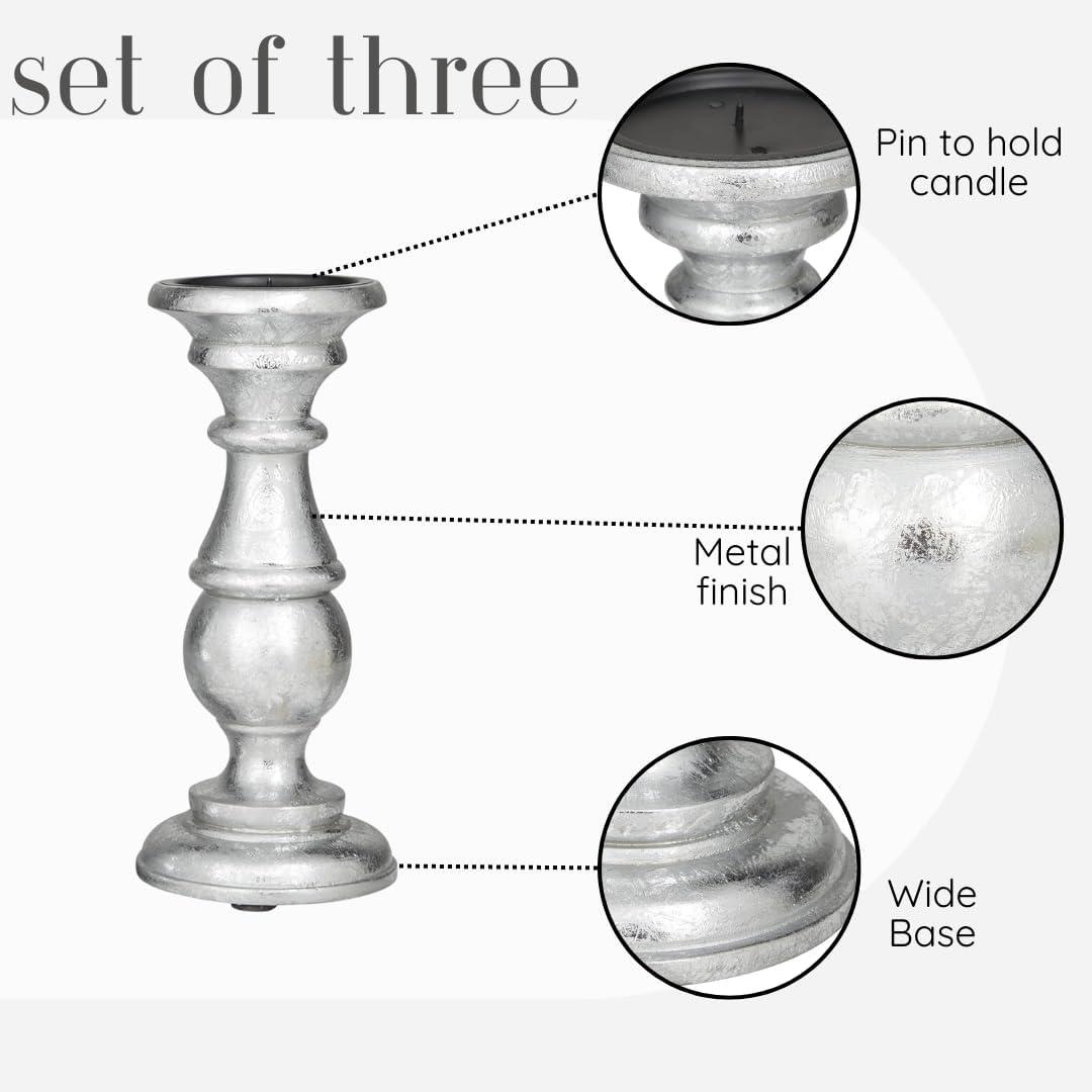 AULIYA Wooden Candle Holders Pillar Candles Holder Rustic Wood Stand Decorative Polish Candlestick Set of 3 for Home Decor - 6" 8" 10" Silver