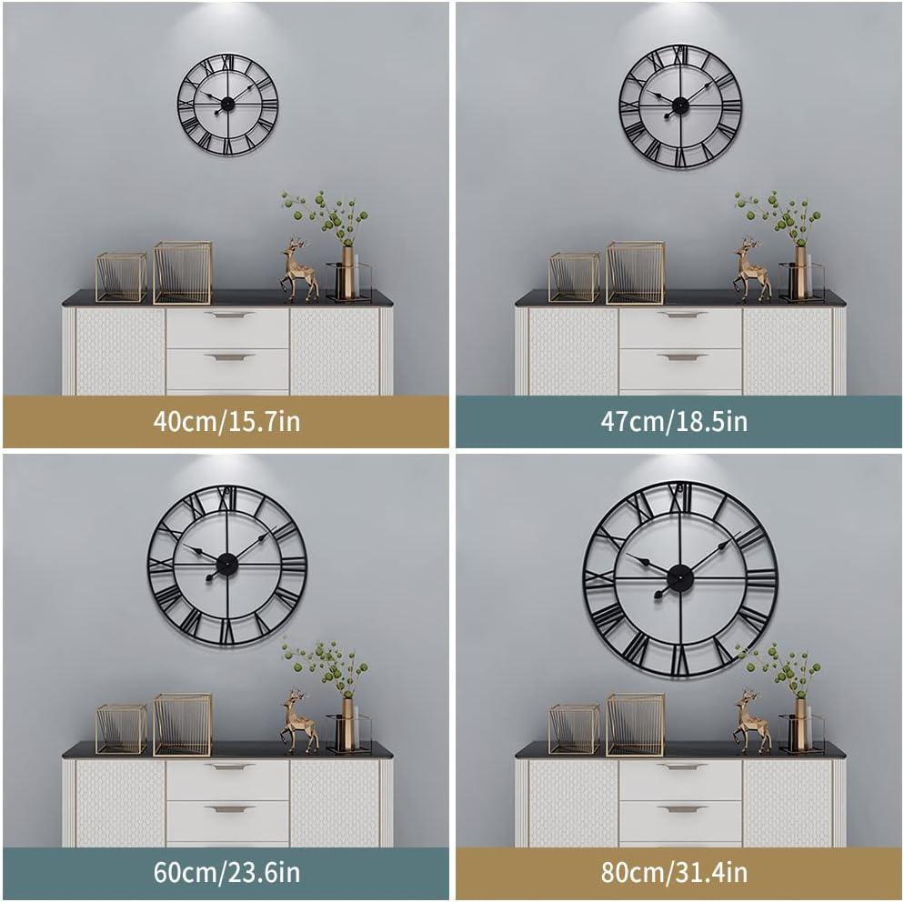 Large Vintage Round Metal Wall Clock Silent Non Ticking Battery Operated Black Roman Numerals Clocks For Living Room Bedroom Kitchen Decoration