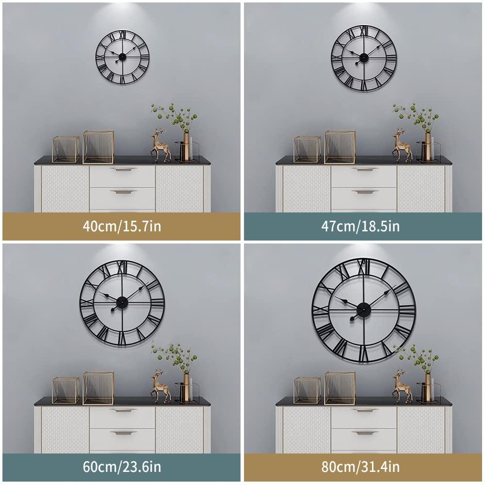 Large Vintage Round Metal Wall Clock Silent Non Ticking Battery Operated Black Roman Numerals Clocks For Living Room Bedroom Kitchen Decoration