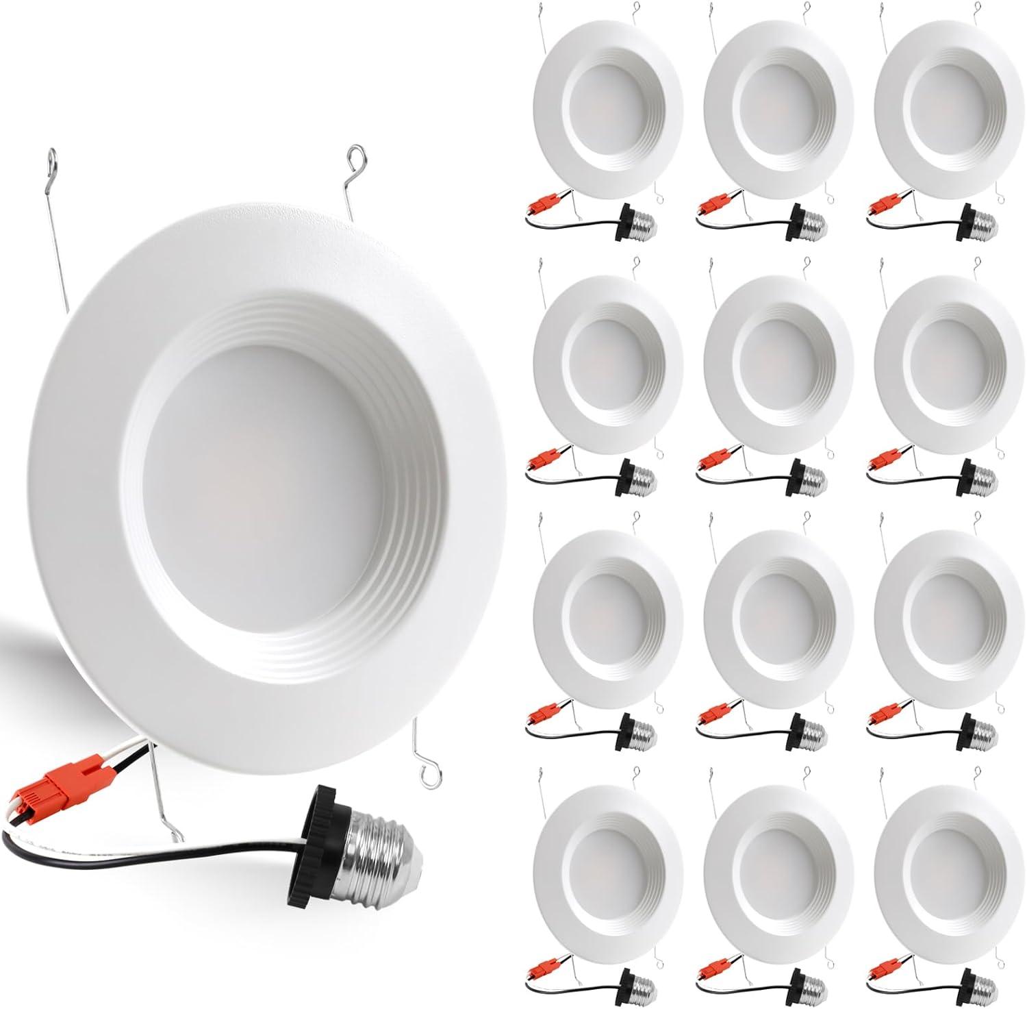 12 Pack 5/6 Inch 5CCT LED Recessed Lighting Retrofit, 2700K/3000K/4000K/5000K/6500K Selectable, Dimmable Can Lights with Baffle Trim, 12W=150W, High Brightness 1000LM, IC& Wet Rated, ETL&FCC Certified