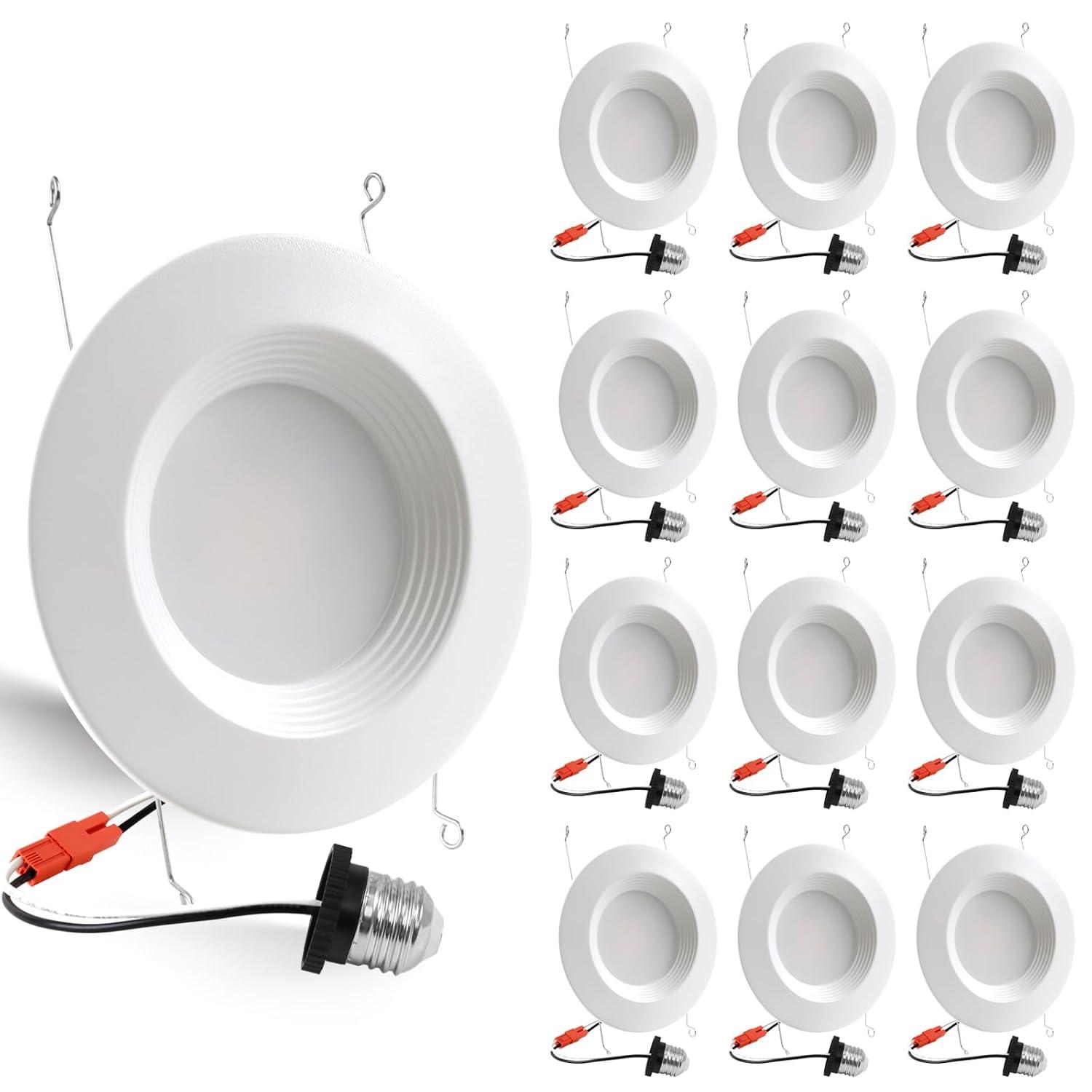 12 Pack 5/6 Inch 5CCT LED Recessed Lighting Retrofit, 2700K/3000K/4000K/5000K/6500K Selectable, Dimmable Can Lights with Baffle Trim, 12W=150W, High Brightness 1000LM, IC& Wet Rated, ETL&FCC Certified