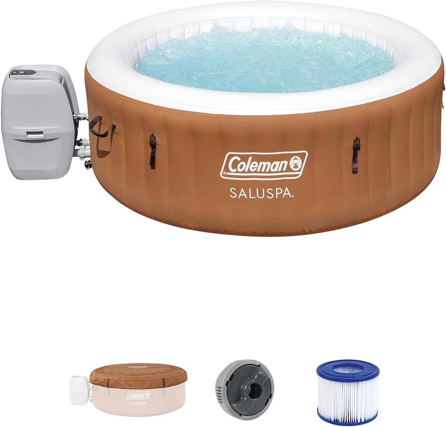 Coleman SaluSpa Ponderosa AirJet 2 to 4 Person Inflatable Hot Tub Round Portable Outdoor Spa with 120 Soothing Jets with Cover, Orange