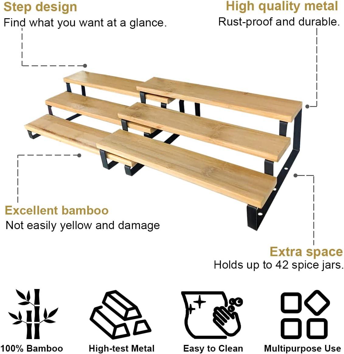 3 Tier Expandable Bamboo Spice Rack Cabinet Step Shelf Organizer for Kitchen Pantry Countertop Cupboard