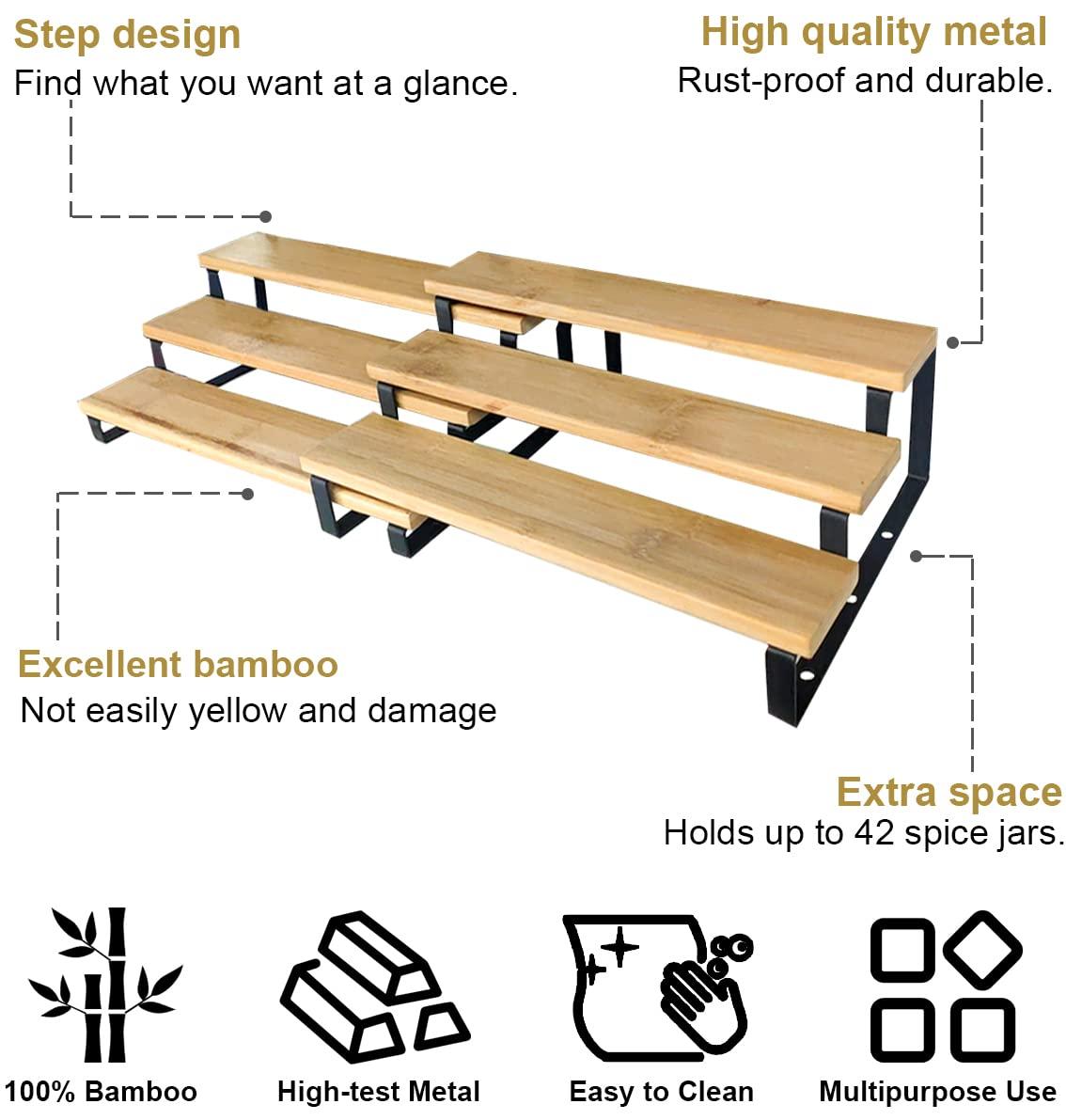 3 Tier Expandable Bamboo Spice Rack Cabinet Step Shelf Organizer for Kitchen Pantry Countertop Cupboard