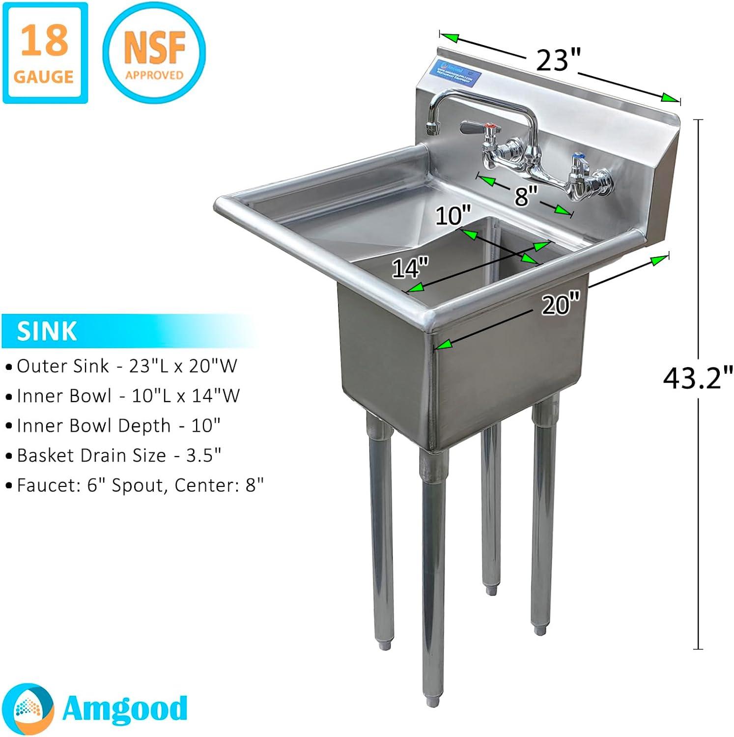 10″ x 14″ x 10″ with 10″ Left Drainboard with Faucet One Compartment Stainless Steel Commercial Kitchen Prep & Utility Sink | NSF