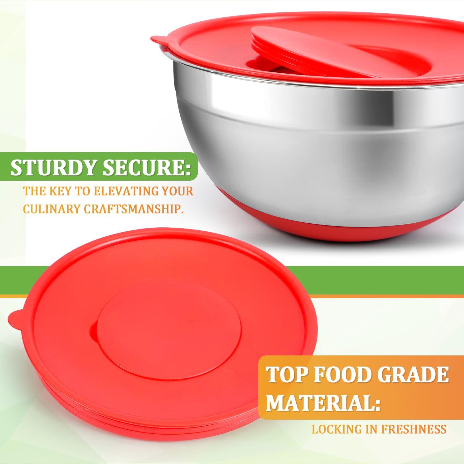 Mixing Bowls with Lids Set,10pcs Stainless Steel Mixing Bowls with Graters and Egg Whisk &Non-Slip Bottoms Food Prep Nesting Bowls for Baking, Cooking, Meal Storage(1.2QT-5.5QT)