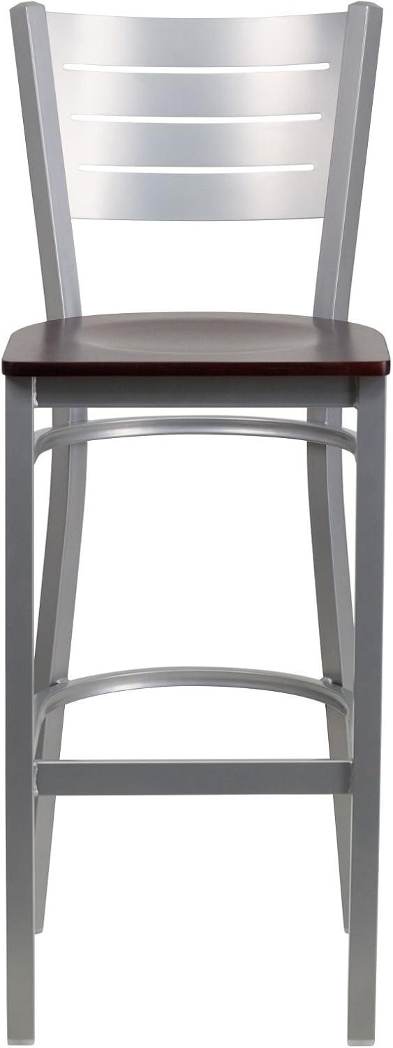 Sleek Silver Metal and Mahogany Wood Slat Back Barstool