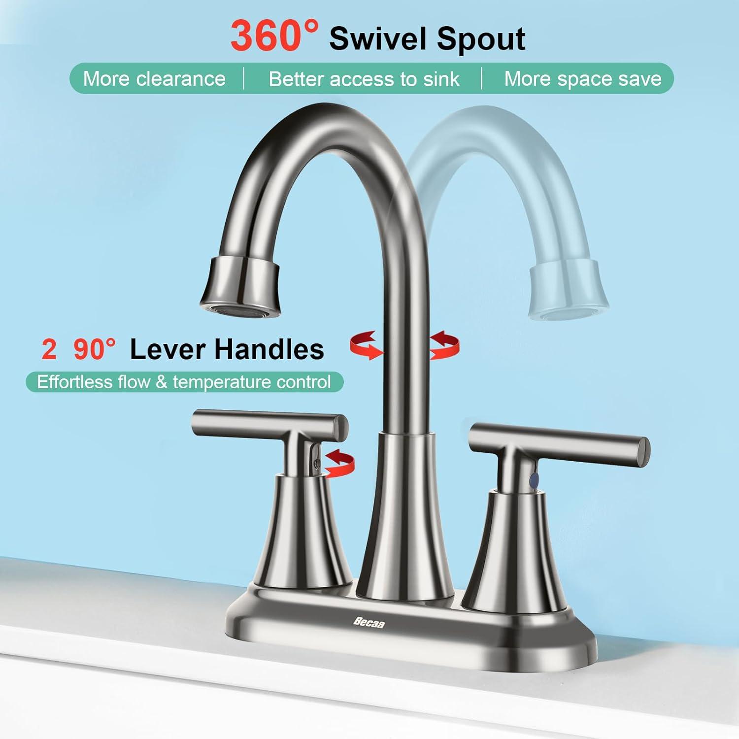 4 Inch Bathroom Faucets for Sink 3 Hole, Faucet for Bathroom Sink with Pop-up Drain & Supply Hoses, 2-Handle 360 Swivel Spout Stainless Steel Lead-Free, Centerset Faucet for Vanity Lavatory