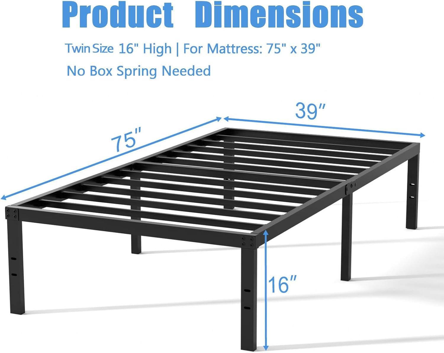 16'' Black Twin Metal Platform Bed Frame with Steel Slats