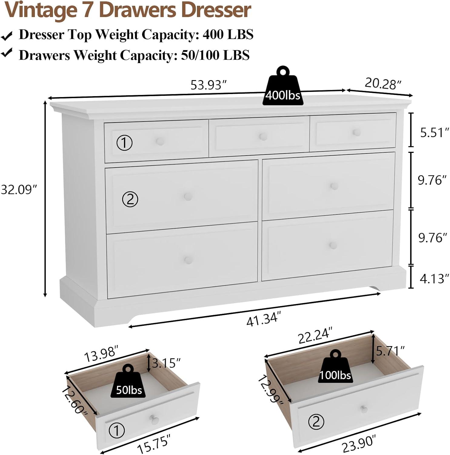 Loomie White 7-Drawer Vintage Solid Wood Dresser