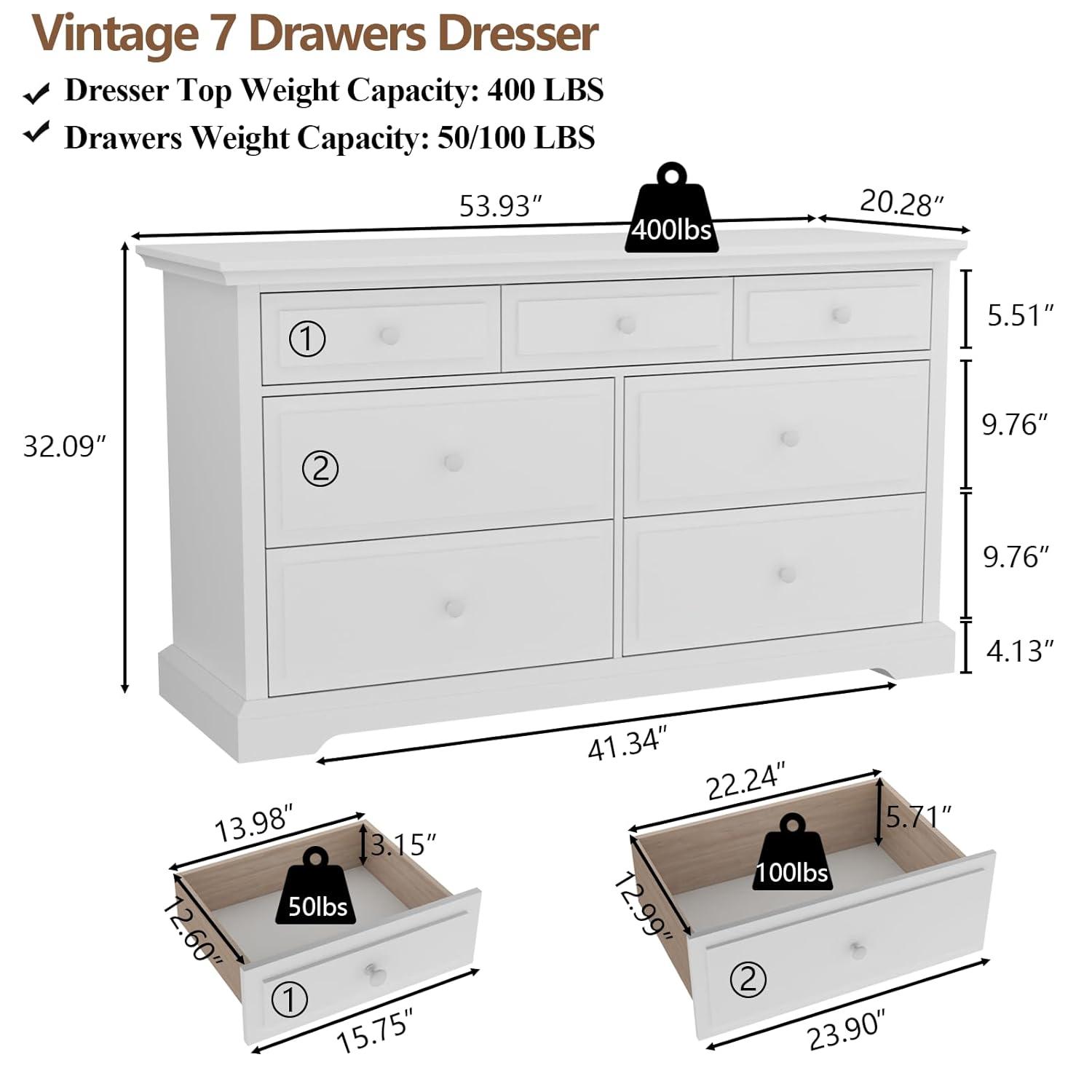 Winston Porter Raydyn 7 Drawers White Double Dressers Chests for Bedroom, Large Storage Dressers Organizer for Bedroom, Long Dresser Tv Stand, Vintage Solid Tall Closet Dressers with Storage for Living Room, Hallway