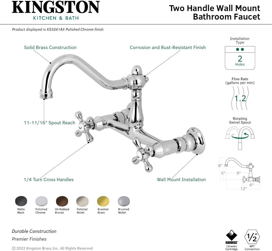 Kingston Brass Vintage Two-Handle 2-Hole Wall Mount Bathroom Faucet