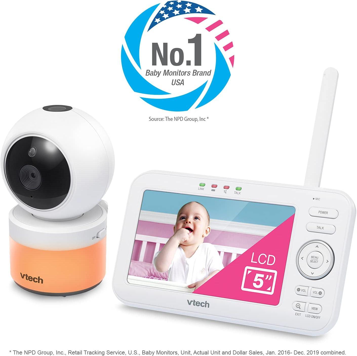 VTech [Upgraded] VM Video Baby Monitor 720p 5" LCD with 2 Cameras, Battery 12 Hrs, Pan Tilt Zoom, Color Night Light, Glow On The Ceiling Projection, Two-Way Talk