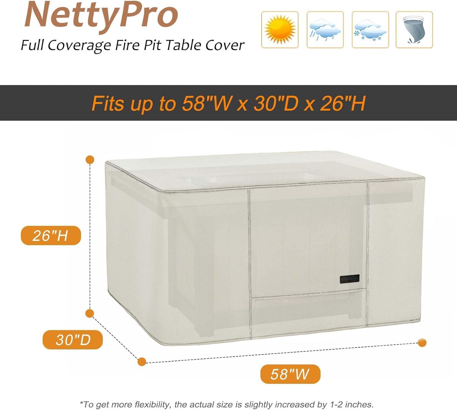 NettyPro Fire Table Cover Rectangle 58 inch Waterproof Heavy Duty Patio Firepit Cover Rectangular for Outdoor Gas Propane Fire Pit, Beige