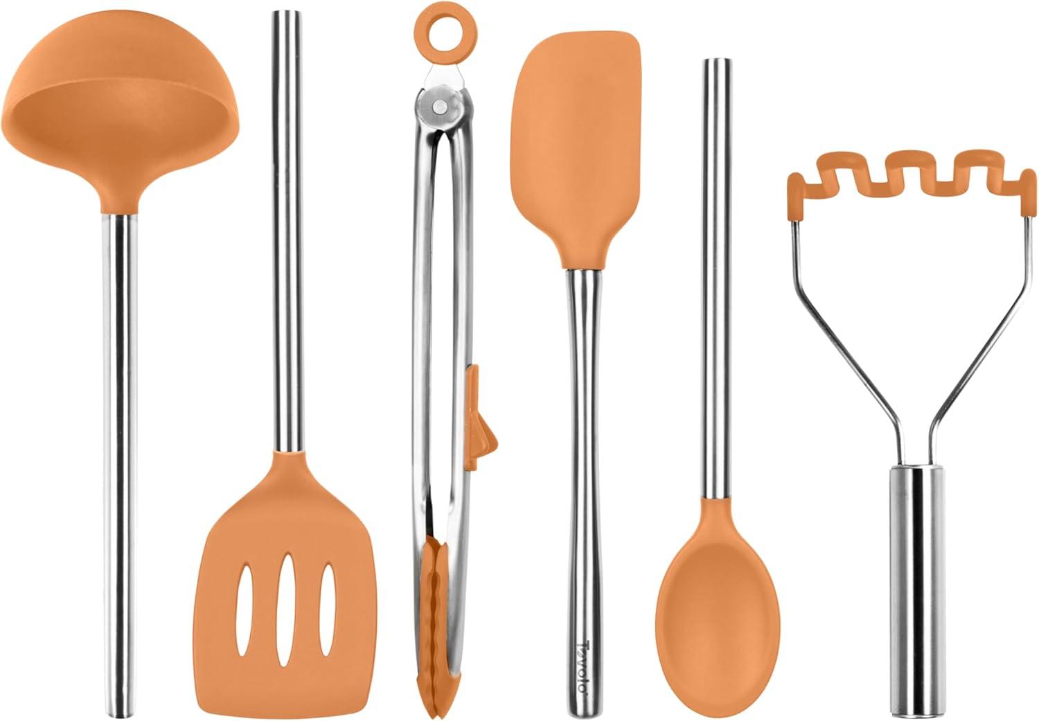 Tovolo 6pc Silicone and Stainless Kitchen Utensil Set Apricot Orange: Cooking Utensils for Adults, Hand Wash