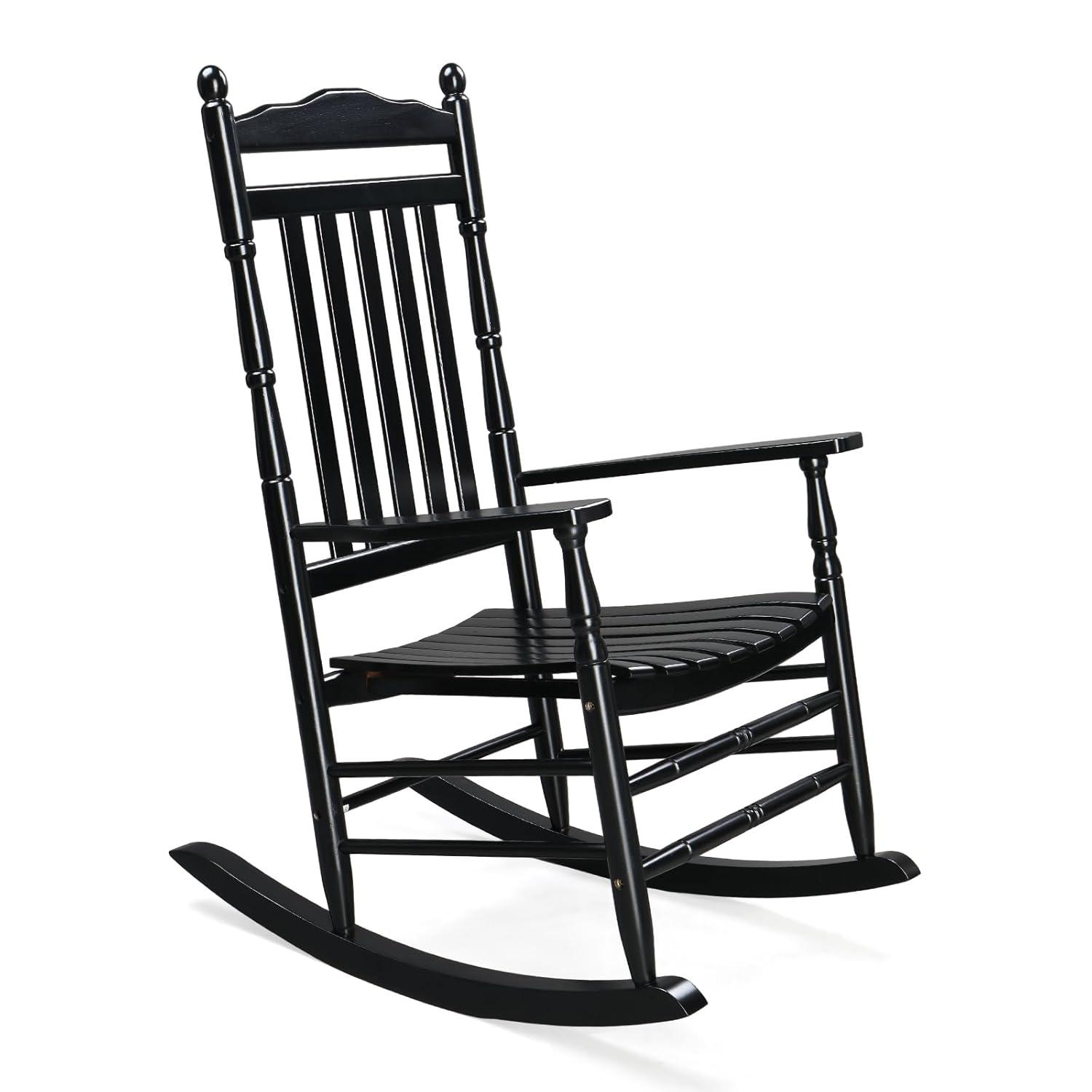 VINGLI Wooden Rocking Chair, Outdoor Chair with 450 lbs Support, Relaxing Rocker Solid with Wood High Back Seat Reclining Seat for Deck, Garden, Backyard, Porch, Indoor or Outdoor Use, Black