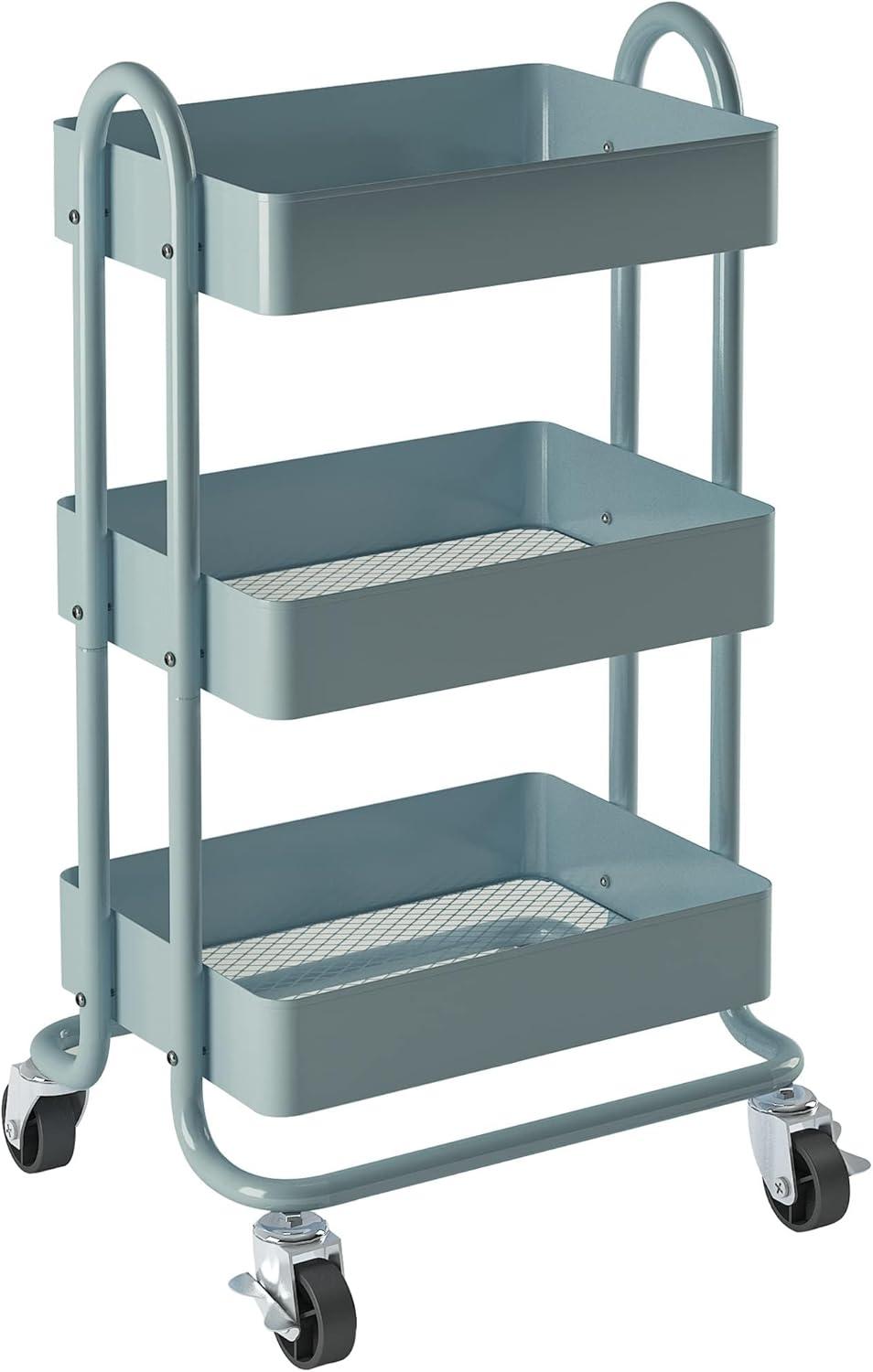 3-Tier Rolling Cart with Wheels,Kitchen Storage Carts or Metal Rolling Utility Cart with Handle,Movable Storage Organizer,Blue Carts for Nursery, Kitchen, Bathroom, Craft Room（13.4"x18.1"x31"）