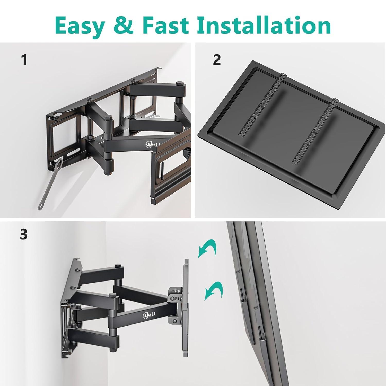 WALI TV Wall Mount for Most 32-70 inch Flat Curved TV, Full Motion Articulating Arm TV Bracket for LED, LCD, OLED Screen TVs up to 88lbs, Mounting Holes 400x400mm (FTM-2), Black