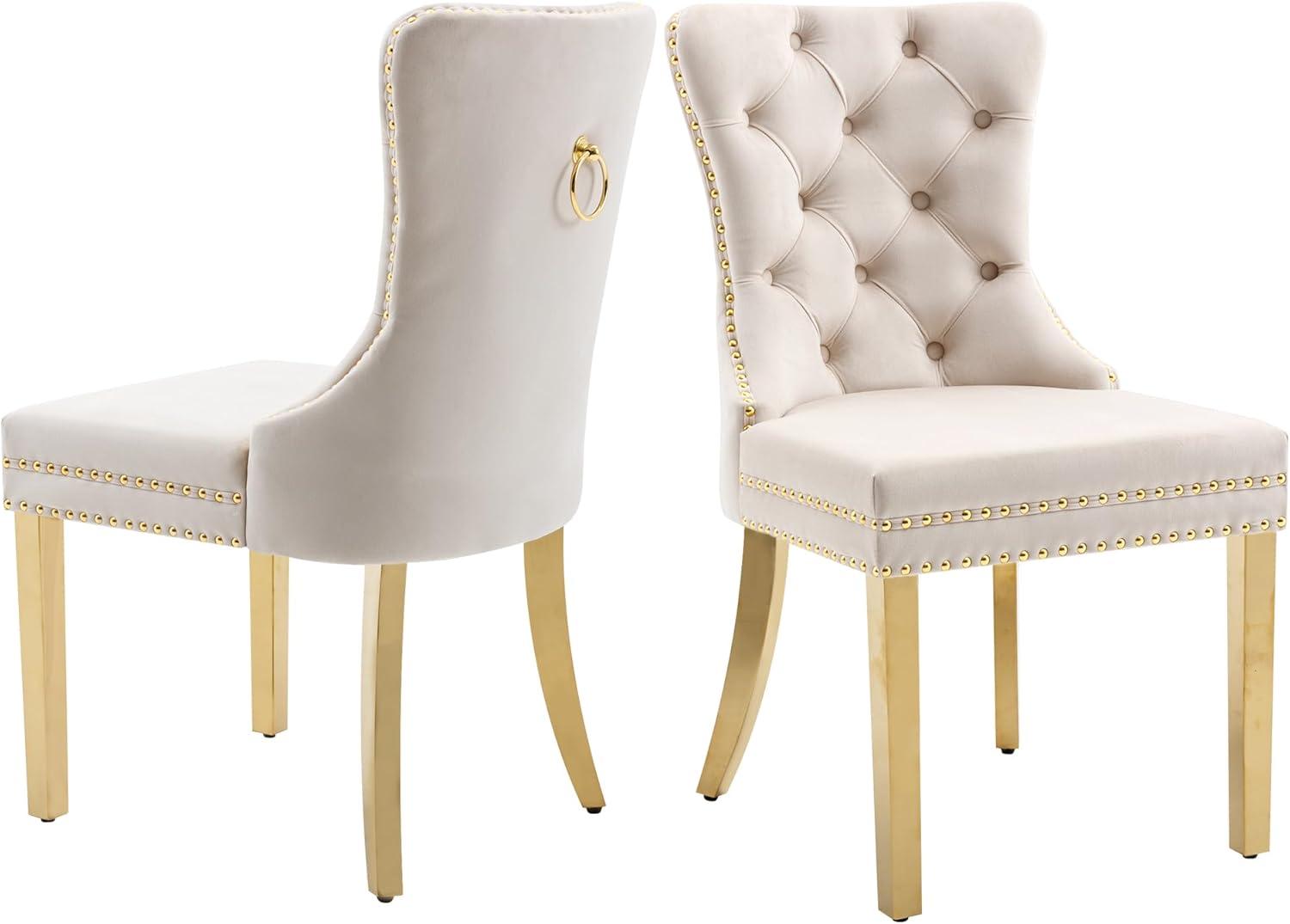 BELLEZE Upholstered Dining Chairs Set of 2, Velvet Luxury Dining Room Chairs with Button Back, Nailhead Trim, Pull-ring, Solid Wood Legs for Kitchen, Living Room, Restaurant - Chandler (Beige)