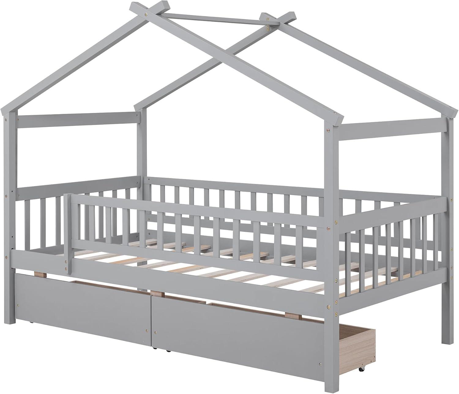 Twin House Bed with 2 Storage Drawers, Kids Twin Bed Frame with Rails and Roof, Tent Bed, Wooden Twin Daybed, Twin Montessori Bed for Kids Teens Girls & Boys, No Box Spring Needed (Gray)