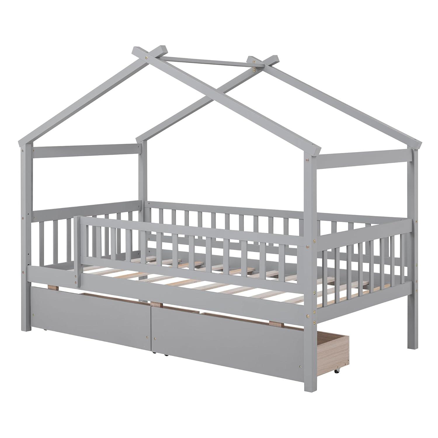 Twin House Bed with 2 Storage Drawers, Kids Twin Bed Frame with Rails and Roof, Tent Bed, Wooden Twin Daybed, Twin Montessori Bed for Kids Teens Girls & Boys, No Box Spring Needed (Gray)