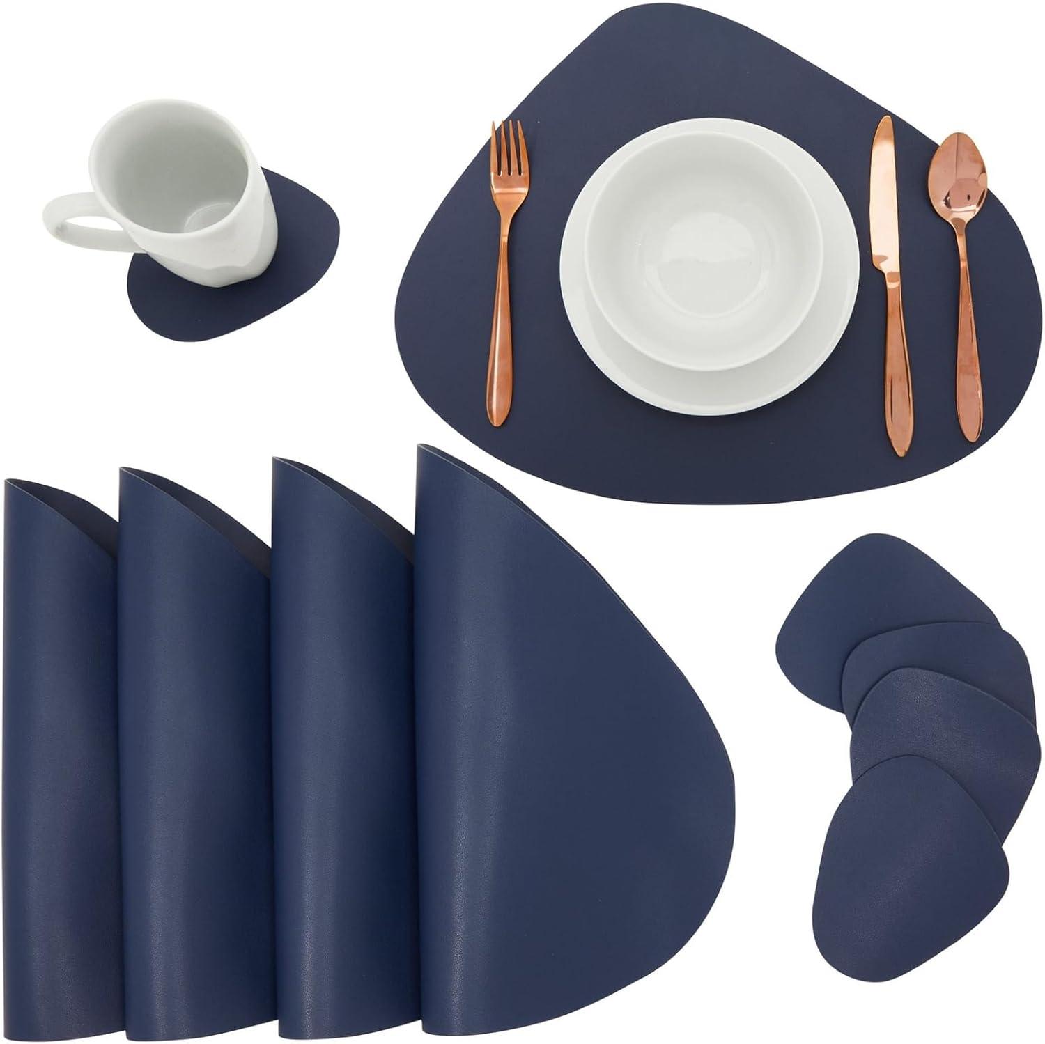 Navy Blue Faux Leather Placemats with Coasters, Set of 8