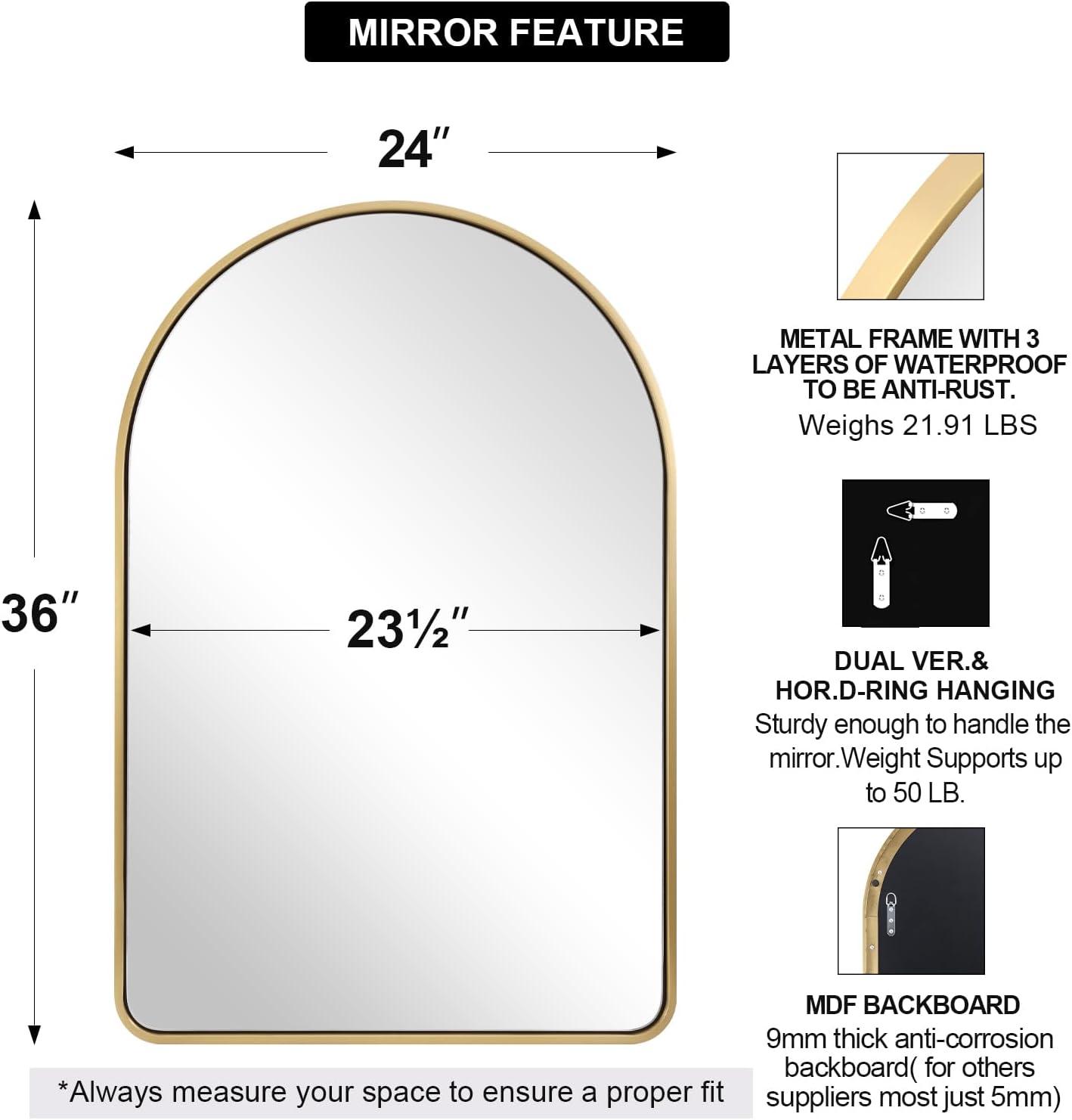 Arched Aluminum Alloy Framed Decorative Wall Mirror 20x30 - Gold