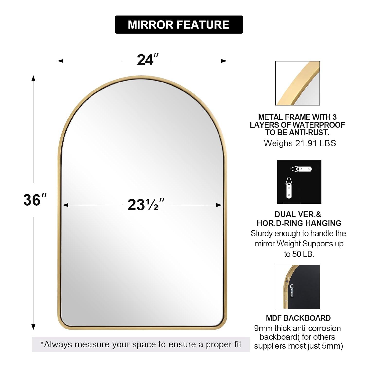 Arched Aluminum Alloy Framed Decorative Wall Mirror 20x30 - Gold