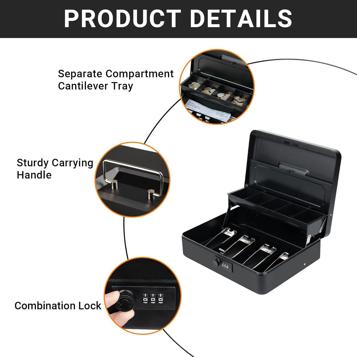 Tera Large Cash Box with Money Tray and Combination Lock 4 Bill 5 Coin Slots Safe Metal Portable Money Box for Security CL380