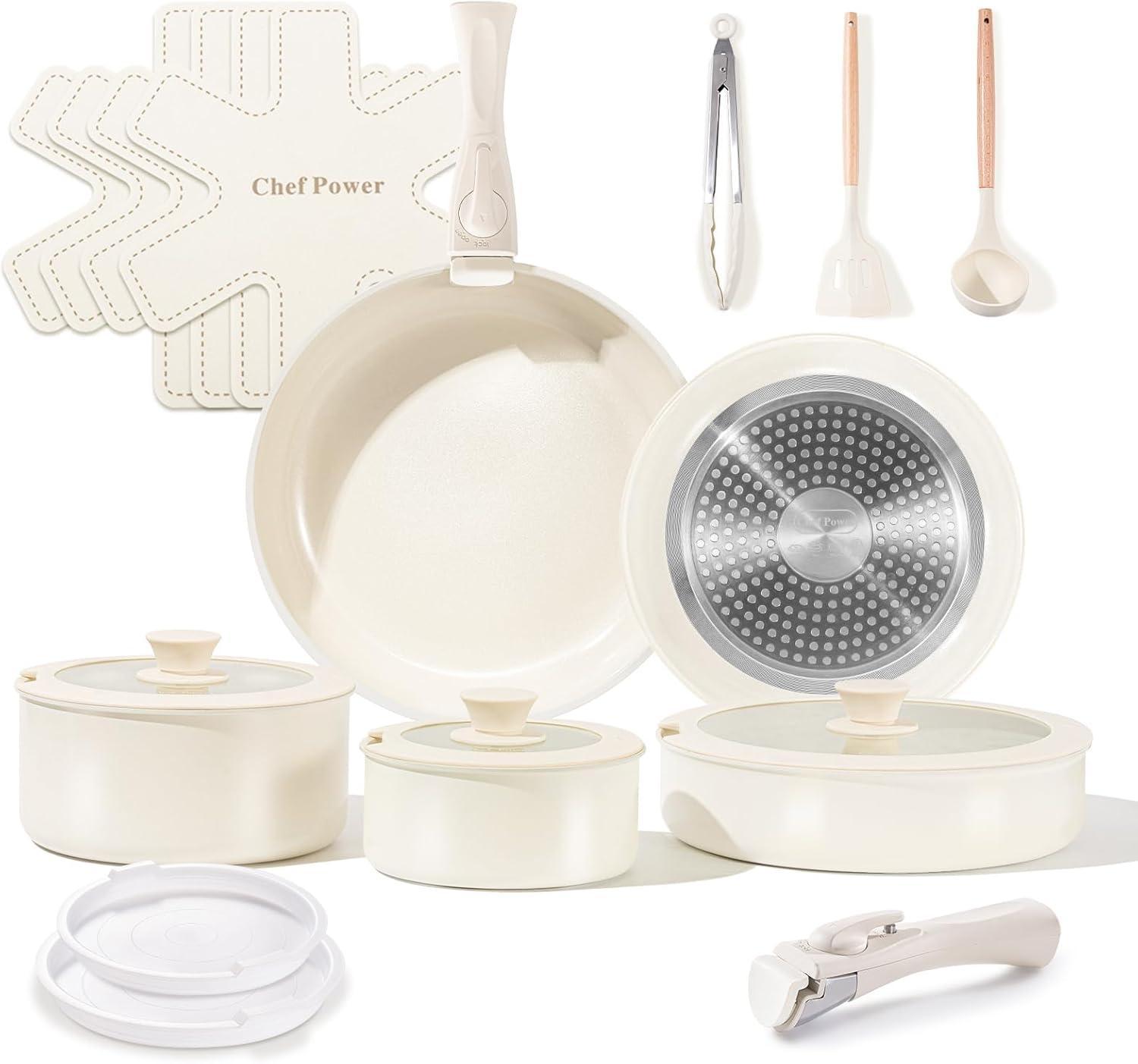 Chef Power Chef Power 19pcs Cream Cake Ceramic Nonstick Pots and Pans Set, Cookware Sets Detachable Handle