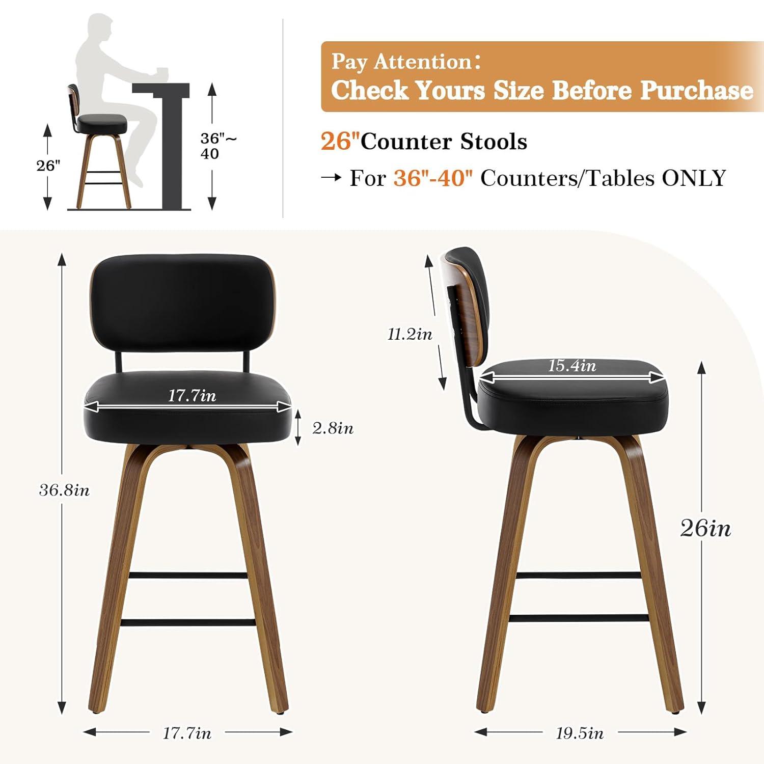 INKEDZ Swivel Counter Height Bar Stools Set of 3, Upholstered Faux Leather Barstools with Rattan Back, 26" Seat Height Bar Chairs for Kitchen Island, Bentwood Wood Frame, Cream White