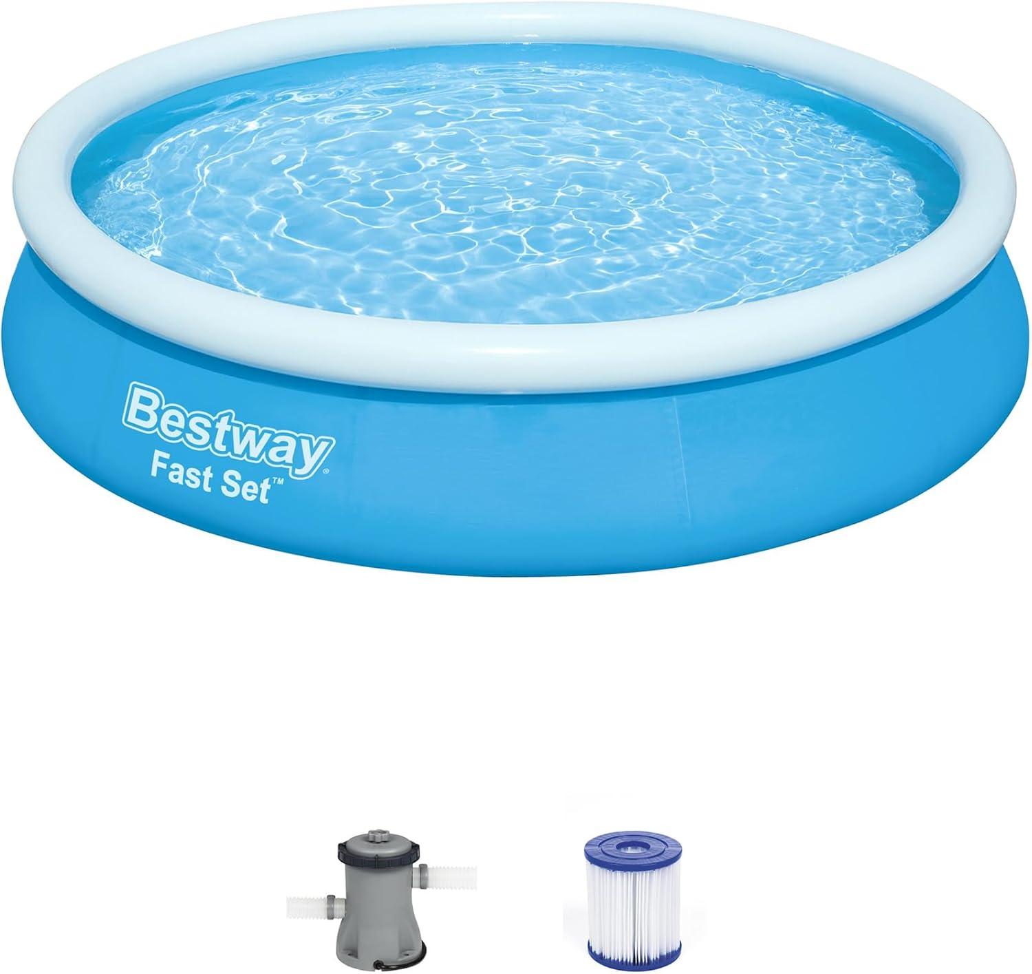 Bestway Fast Set Up Outdoor Round Inflatable Above Ground Swimming Pool Set with 330 GPH Filter Pump