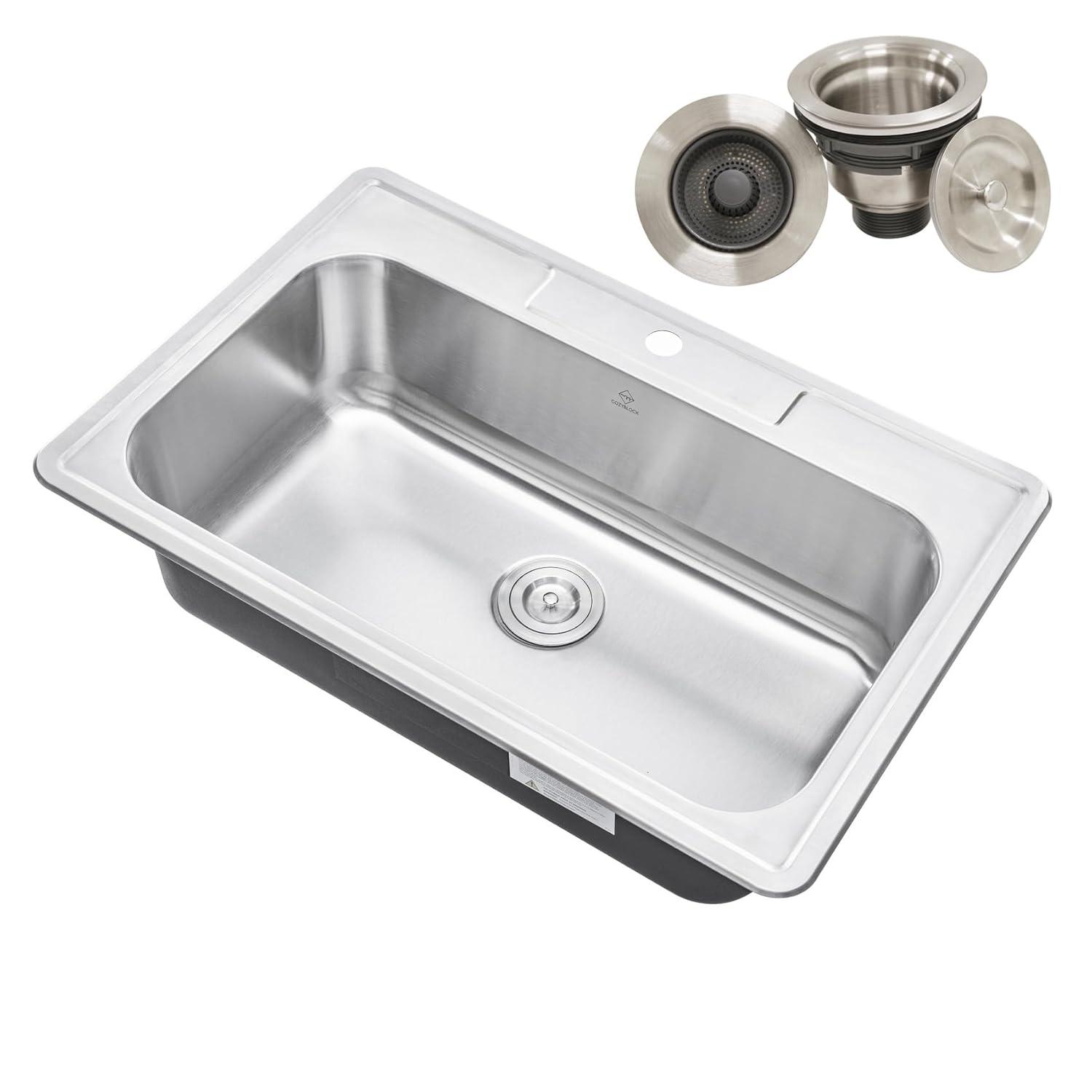 CozyBlock 33 Inch Single Bowl Topmount Drop-In 18-Gauge Stainless Steel Kitchen Sink w/ 1 Faucet Hole (Sink Only)
