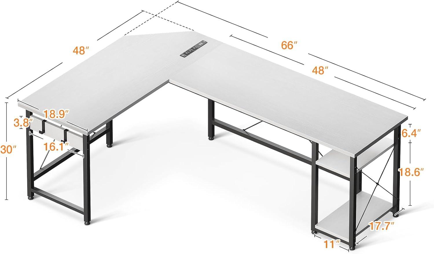 White L-Shaped Gaming Desk with Power Outlet and Drawer