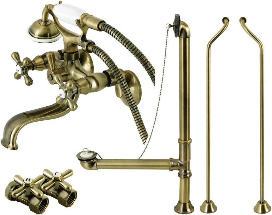 Kingston Brass Vintage Three-Handle 2-Hole Tub Wall Mount Clawfoot Tub Faucet Package with Supply Line, Hand Shower and Tub Drain