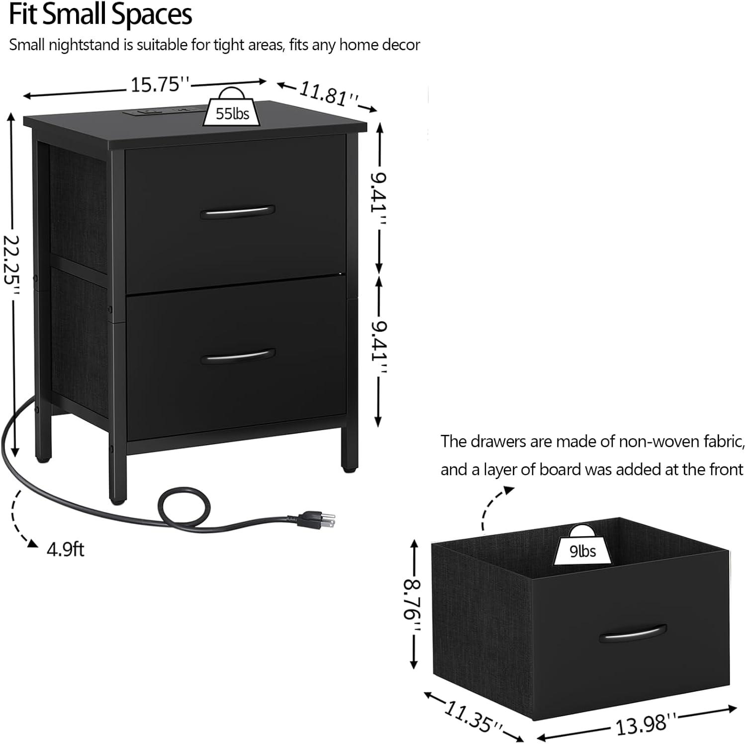 Night Stand Set of 2 with Charging Station, LED Nightstand with Fabric Drawers, End Table with PU Finish, Bed Side Table, Black