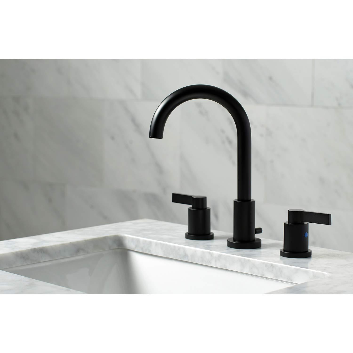 Kingston Brass NuvoFusion Two-Handle 3-Hole Deck Mount Widespread Bathroom Faucet with Brass Pop-Up Drain