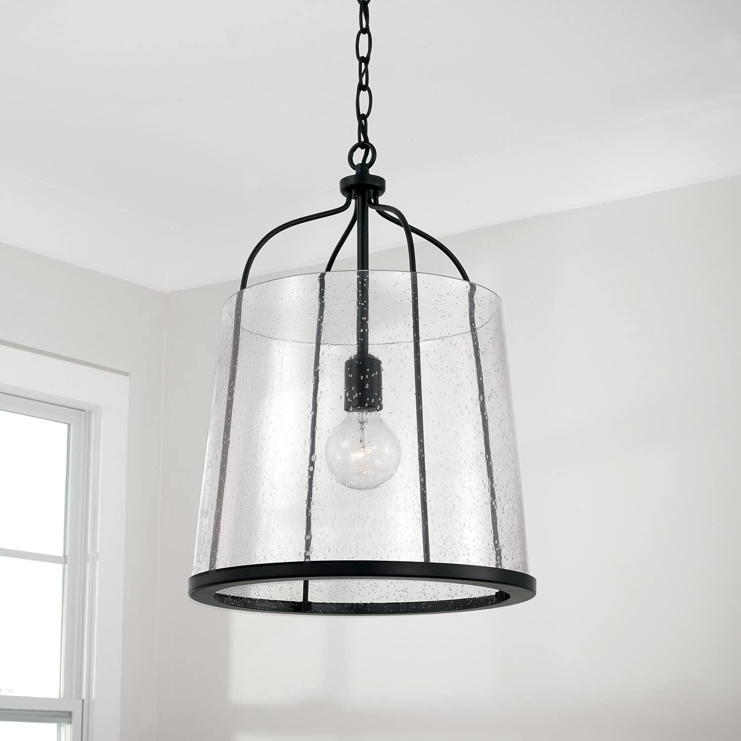 Madison Matte Black Brass Drum Pendant with Seeded Glass